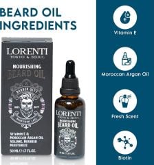 Lorenti Premium Beard Oil 100% Natural Beard Conditioner & Organic Moroccan Argan | Vitamin E Beard Oils Helps Volume, Moisturize & Nourish Beard Growth 50ml